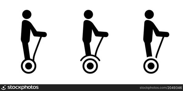 Man riding e-step, silhouette stickman icon or pictogram. Alternative personal transport, stay on a eScooter or eBrommer. Traffic way, city logo. Vector man, stick figure. Steps set