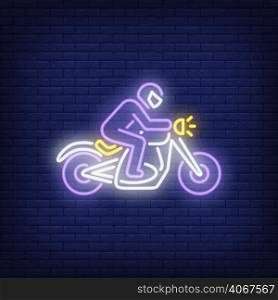 Man riding motorcycle on brick background. Neon style vector illustration. Bikers club, motorcycle customs, motocross. Biker banner. For hobby, biker culture, transport concept