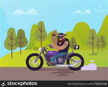Man riding motorcycle vector, bearded brutal biker on motorbike riding along road. Chopper with bearded man with horn sign, gesturing person on nature. Biker on Motorbike Showing Horn Sign Gesturing