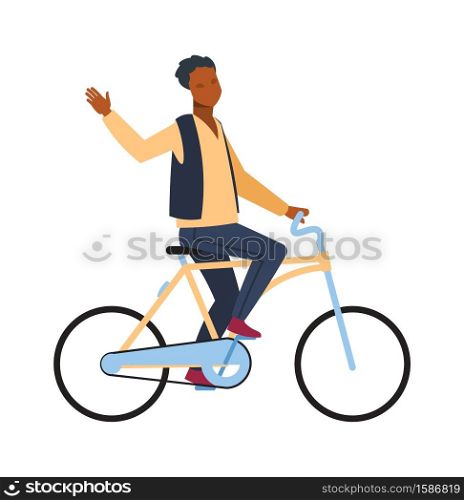 Man riding on bicycle. Cyclist african guy rides on bike and waving hand teenager outdoor activities in park, simple young character healthy leisure lifestyle flat vector cartoon isolated illustration. Man riding on bicycle. Cyclist african guy rides on bike and waving hand teenager outdoor activities in park, young character healthy leisure lifestyle flat vector cartoon illustration