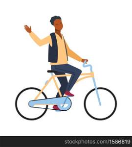 Man riding on bicycle. Cyclist african guy rides on bike and waving hand teenager outdoor activities in park, simple young character healthy leisure lifestyle flat vector cartoon isolated illustration. Man riding on bicycle. Cyclist african guy rides on bike and waving hand teenager outdoor activities in park, young character healthy leisure lifestyle flat vector cartoon illustration