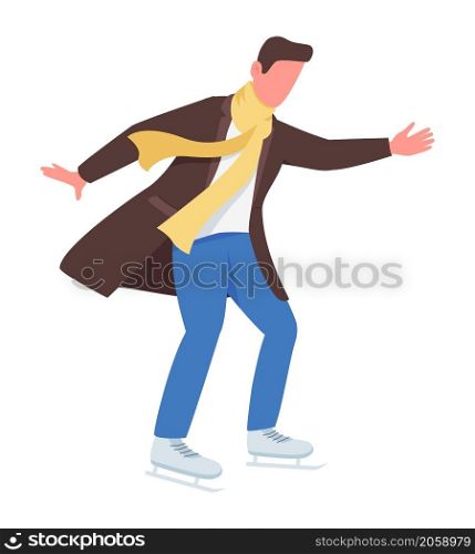 Man riding on skates semi flat color vector character. Dynamic figure. Full body person on white. Winter activity isolated modern cartoon style illustration for graphic design and animation. Man riding on skates semi flat color vector character