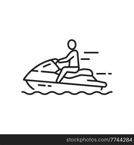 Man riding on water bike, scooter isolated outline icon. Vector summer voyage cruise transportation marine transport. High-speed jet ski, speed power water motorcycle bike, floating on sea waves. High-speed jet ski man riding on water bike at sea