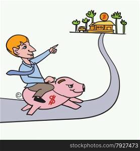 Man riding piggybank heading to his goal ,Concept for saving money for wealth