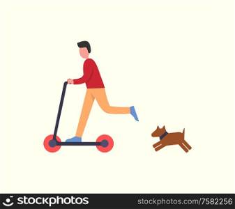 Man riding scooter pet dog following owner, running canine vector. Lifestyle of male, young male having fun with transport. Person balancing on board. Man Riding Scooter Pet Dog Following Owner Running