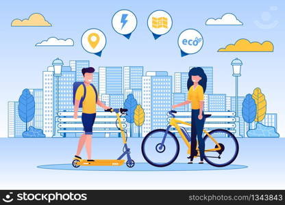 Man Riding Scooter, Woman on Bicycle Flat Cartoon. City Life with Eco Transportation. Healthy Lifestyle. Location, Energy Icons or Signs. Spending Time Actively in Park or Green Area.