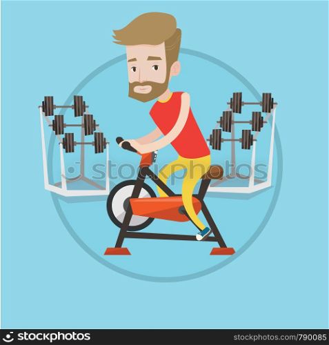 Man riding stationary bicycle in the gym. Sporty man exercising on stationary training bicycle. Man training on exercise bicycle. Vector flat design illustration in the circle isolated on background.. Man riding stationary bicycle vector illustration.