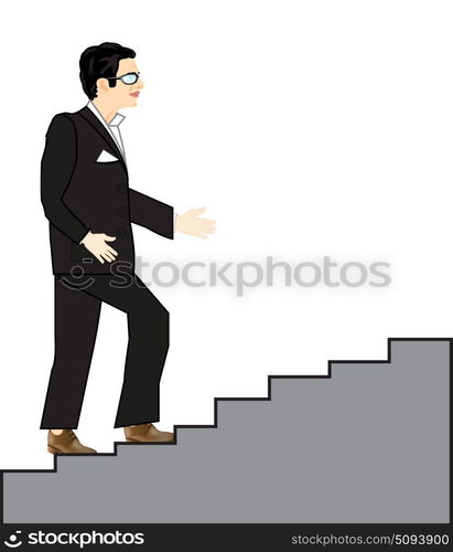 Man rises on stairway. Man in black suit rises on stairway upwards