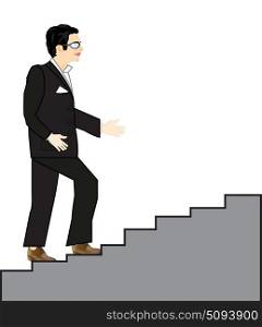 Man rises on stairway. Man in black suit rises on stairway upwards