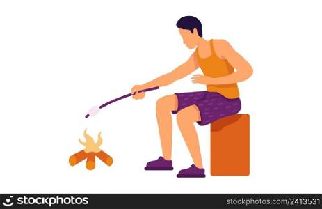 Man roasting marshmallows over fire semi flat color vector character. C&fire. Sitting figure. Full body person on white. Simple cartoon style illustration for web graphic design and animation. Man roasting marshmallows over fire semi flat color vector character