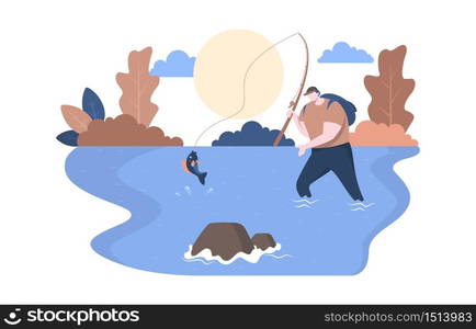 Man Rod Fishing Strike in River Nature Flat Design Illustration