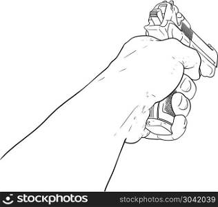 man&rsquo;s hand holds a gun with a cocked trigger in front of him isolated on a white background. hand hold gun