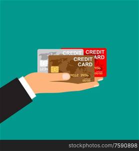 Man&rsquo;s hand holds credit cards. Vector illustration