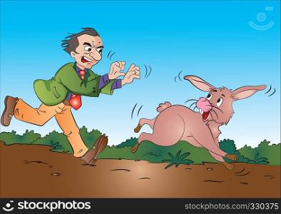 Man Running After a Rabbit, vector illustration