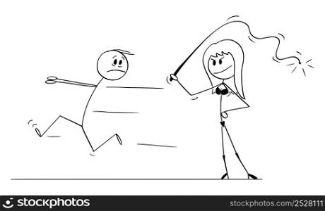 Man running away from sexually dominant woman with whip , vector cartoon stick figure or character illustration.. Man Running From Sexually Dominant Woman , Vector Cartoon Stick Figure Illustration