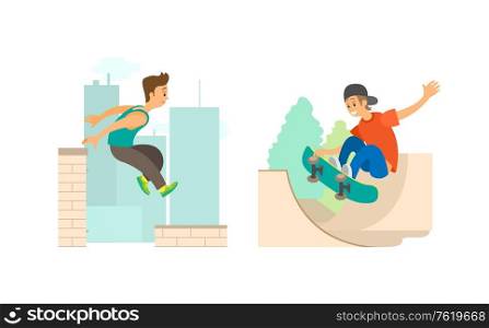Man running by roof of building, teenager training in skatepark, smiling people and outdoor activity, parkour and skateboarding modern sports vector. Parkour and Skateboarding Modern Sports Vector