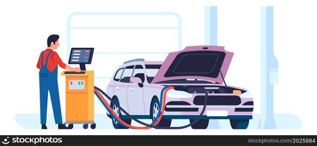 Man running car diagnostics at service. Worker checking vehicle. Vector illustration. Man running car diagnostics at service. Worker checking vehicle