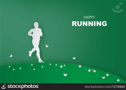 Man running Healthy lifestyle in green park.Minimal Healthy concept. Running. Exercise. Paper art style.Creative minimal paper art and craft style.Ecology environment garden.vector illustration.EPS10