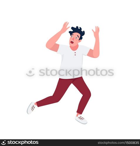 Man running in panic flat color vector detailed character. Caucasian guy with panic attack isolated cartoon illustration for web graphic design and animation. Stressful situation, problem reaction. Man running in panic flat color vector detailed character