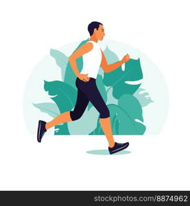 Man running in the park. He doing physical activity outdoors at the park. Healthy lifestyle and fitness concept. Vector illustration in flat style.