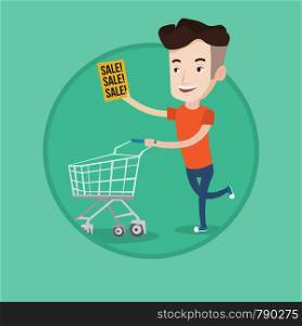 Man running on big sale. Man holding paper sheet with sale text. Man with shopping trolley running in hurry to the store on sale. Vector flat design illustration in the circle isolated on background.. Man running in hurry to the store on sale.