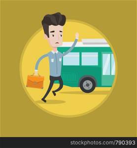 Man running to catch bus. Caucasian man running for outgoing bus. Guy chasing a motorbus. Latecomer man running to reach a bus. Vector flat design illustration in the circle isolated on background.. Latecomer man running for the bus.