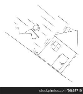 Man running to save his house moving downhill, mortgage or loan concept, vector cartoon stick figure or character illustration.. Man Running Trying to Save His House, Mortgage or Debt for Living Concept, Vector Cartoon Stick Figure Illustration