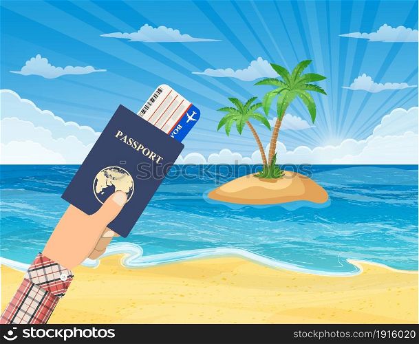 man running to summer beach. Summer beach with a sun, palm trees and cloudless sky. Template for your poster. Summer beach with a sun,
