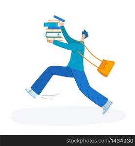 Man running with big stack of books, student or literature fun concept, modern flat cartoon textured people character with texbooks in hands isolated on white - vector illustration. Literature fans people with books