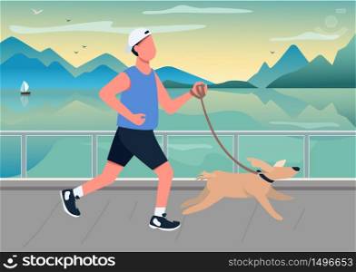 Man running with dog on seafront flat color vector illustration. Person walking puppy at seaside quay. Guy and domestic animal 2D cartoon characters with coastline at sunset on background. Man running with dog on seafront flat color vector illustration