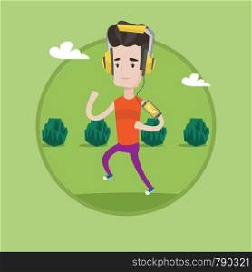 Man running with earphones and armband for smartphone. Young man using smartphone to listen to music while running in the park. Vector flat design illustration in the circle isolated on background.. Man running with earphones and smartphone.