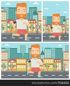 Man running with earphones and armband for smartphone. Man listening to music during running. Man running on a city background. Vector flat design illustration. Square, horizontal, vertical layouts.. Man running with earphones and smartphone.