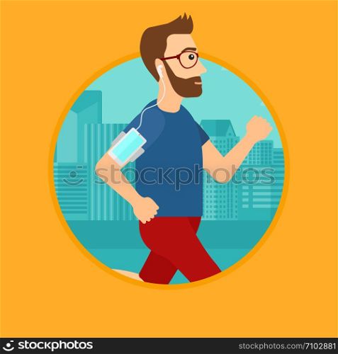 Man running with earphones and armband for smartphone. Man listening to music during running. Man running on the city background. Vector flat design illustration in the circle isolated on background.. Man running with earphones and smartphone.