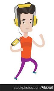 Man running with earphones and armband for smartphone. Man using armband for smartphone. Sportsman running with armband for smartphone. Vector flat design illustration isolated on white background.. Man running with earphones and smartphone.
