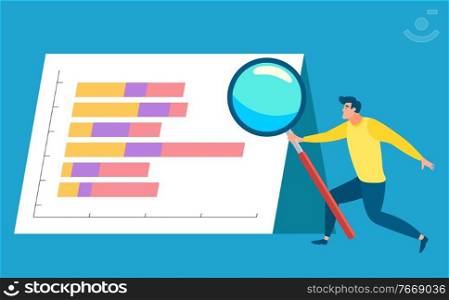 Man running with magnifying glass vector, statistics and analysis of data. Research and investigation of details. Businessman with board and info. Statistics and Analysis of Chart on Board Vector
