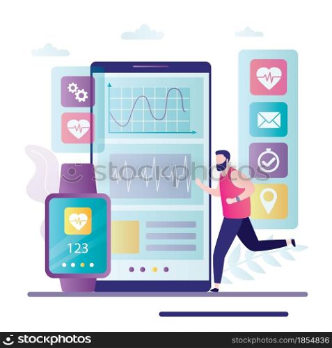Man running with smart watch. Smartphone screen with mobile app. Athlete smartwatch or fitness bracelet with heart rate on screen. Measuring heartbeat, counting calories. Flat vector illustration. Man running with smart watch. Smartphone screen with mobile app. Athlete smartwatch or fitness bracelet with heart rate on screen