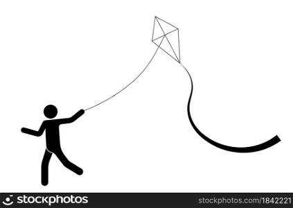 man runs controls a kite. Summer games. Isolated vector on white background