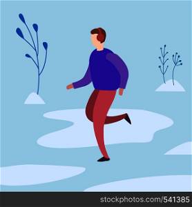 man runs in the winter in the park. flat vector illustration. man runs in the winter in the park. vector illustration