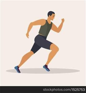 Man runs marathon, athlete performs a race, overcoming distance. Sport guy, cardio workout. Vector illustration.. Man runs marathon, athlete performs a race, overcoming distance. Sport guy, cardio workout. Vector illustration