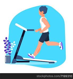 Man runs on the treadmill in gym. Activity, fitness, losing weight program vector in flat style. Running and jogging concept. Cardio program for athlet.. Man runs on the treadmill in gym. Activity, fitness, losing weight program vector in flat style. Running and jogging concept.