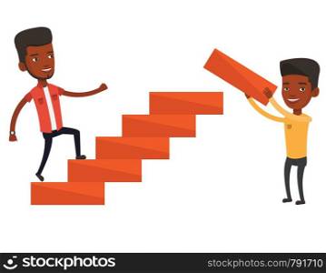 Man runs up the career ladder while another man builds this ladder. Businessman climbing the career ladder. Concept of business career. Vector flat design illustration isolated on white background.. Businessman running upstairs vector illustration.