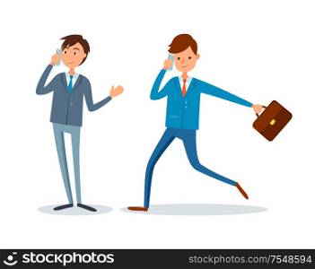 Man rushing to work, businessman talking on mobile phone vector. People making business calls to partner and clients. Director and manager busy at job. Man Rushing to Work, Businessman Talking on Phone