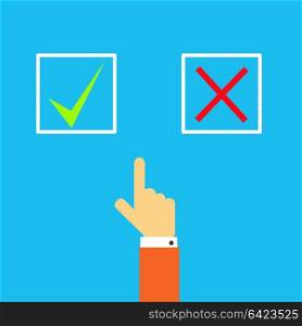 Man's hand before choosing yes or no. Vector illustration of a flat design.
