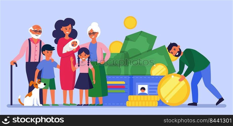 Man saving money for family. Parents, grandparents and kids standing at banknotes and coins flat vector illustration. Banking concept for banner, website design or landing web page