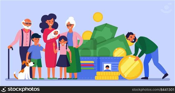 Man saving money for family. Parents, grandparents and kids standing at banknotes and coins flat vector illustration. Banking concept for banner, website design or landing web page