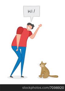 Man says hi to the cat, hand-drawn vector illustration. Color outlines and colored.