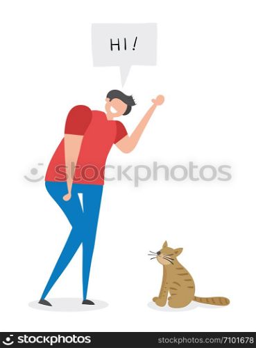 Man says hi to the cat, hand-drawn vector illustration. Colored flat style.