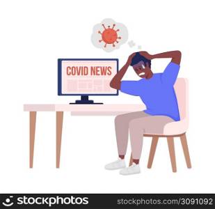 Man scared of covid news semi flat color vector character. Sitting figure. Full body person on white. Simple cartoon style illustration for web graphic design and animation. Bebas Neue font used. Man scared of covid news semi flat color vector character