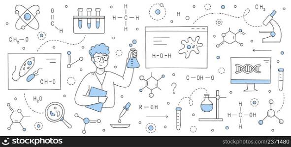 Man scientist in laboratory, science research equipment, DNA molecule and chemical formulas doodle background. Vector hand drawn illustration of technologies of chemistry, biology, medical test. Man scientist, science research equipment