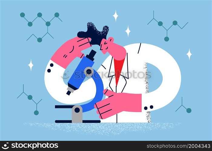 Man scientist look in microscope make experiment in laboratory. Male lab worker do research with equipment, involved in vaccine discovery process. Medicine. Flat vector illustration. . Man scientist look in microscope make experiments